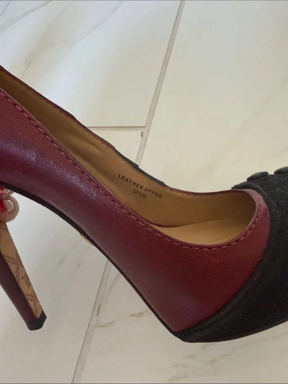 L.A.M.B. Burgundy and Black Button-Accent High Heels